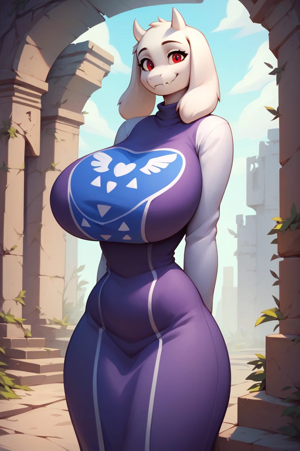 Toriel from Undertale, White Body, Dark Red Eyes, Purple Robe, White Sleeves, Petite Body, Hands Behind Back, Warm Look, Smiling, Ruins Background, Purple Ruins, Huge Breasts, Huge Breasts, Massive Breasts, Wide Hips, Thin Waist, Very Thin Waist, Wasp Waist, Solo, Aerial View, Smiling, (cartoon-style bold line work:1.2), vibrant colors, cel shading, Simplistic Art Style, looking at viewer, solo