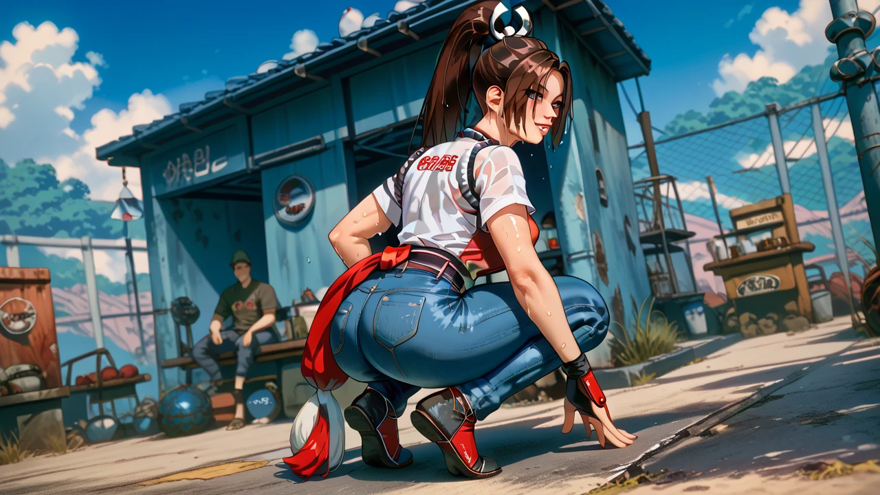   Sexy mai shiranui, UHD,   on a wasteland,  wearing a shirt and jeans, sweating, standing, crouching, 