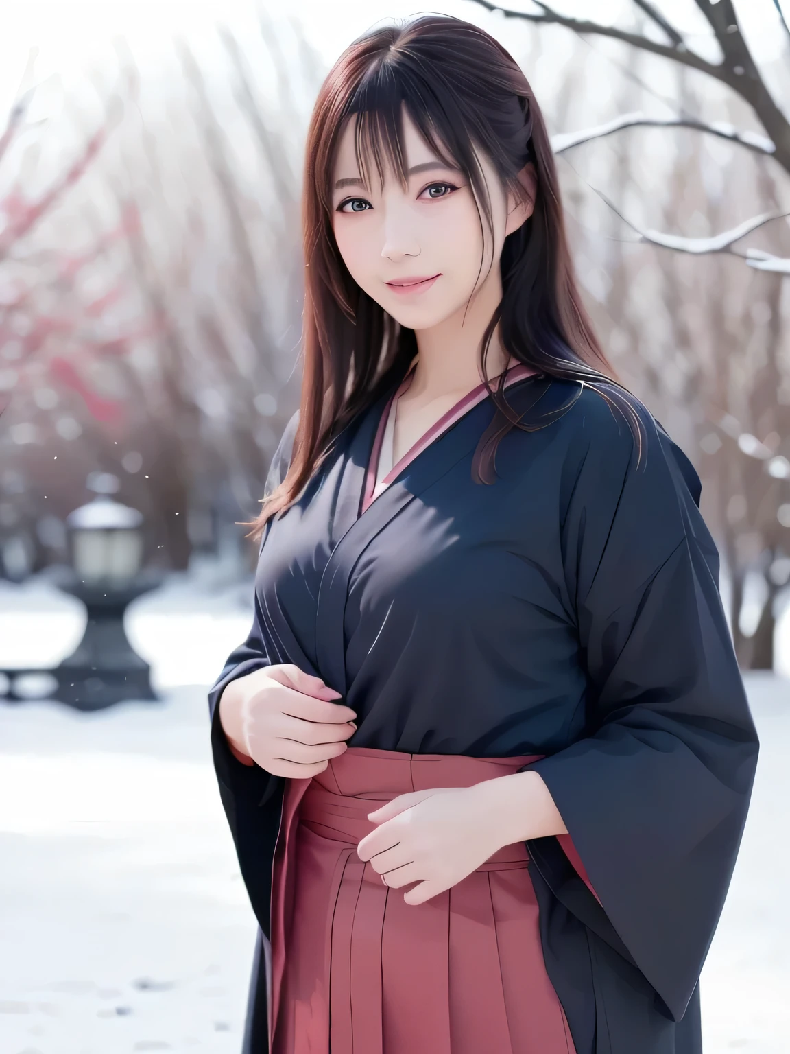A breathtakingly beautiful 20-year-old woman with a slender physique, dressed in an elegant black and red kimono suitable for the Japanese New Year. She stands against the serene backdrop of a New Year's sunrise, featuring a traditional Japanese shrine, snow-covered grounds, and vibrant red camellias in bloom. Her gentle smile and friendly expression harmonize with the peaceful atmosphere of the snowy morning. (RAW photo, top quality, realistic, photo-realistic:1.4), (masterpiece, extremely detailed, 2k wallpaper), (Ultra Details, high res, soft light, cinematic lighting), (perfect anatomy, slender body), (extremely detailed eyes and face, beautiful nose, beautiful eyes).
