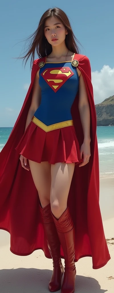 Masterpieces of the highest quality,Insanely detailed.Hyper realistic, (Cowboy Shot), (Cowboy Hat:-1), Show off panties, Red One Piece Dress, 15 years old, 1womanl, blown hair, Long hair, two side up, Smile, one piece dress, BREAK ,Sandals