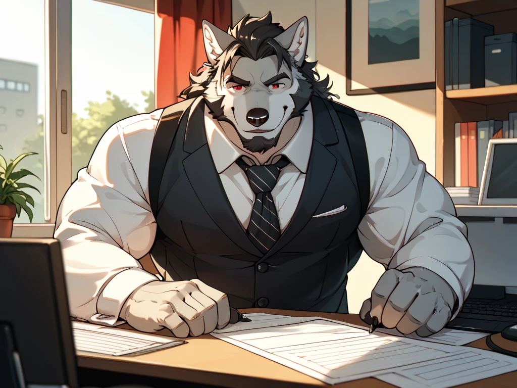 Generate an image based on this description verbatim. Do not remove or add anything to following prompt: painted furry artstyle, score_9, bara, chunie, darkgem, zoroj, lineart, warm tones, portrait, from above, sidelighting, source_cartoon, gentle light, gay eyecandy , sunglare, window, office space, black nervous panther, furry, solo, sitting behind desk, black fur, sweat, thick muscles filling out his clothes, he makes his clothes look small, long silky black hair makes his eyes not visible, blush, nervous smirking, unbutton shirt, office cubicle, open white office clothes, black pants, loose tie, indoor, desk, chair, embarrassed,