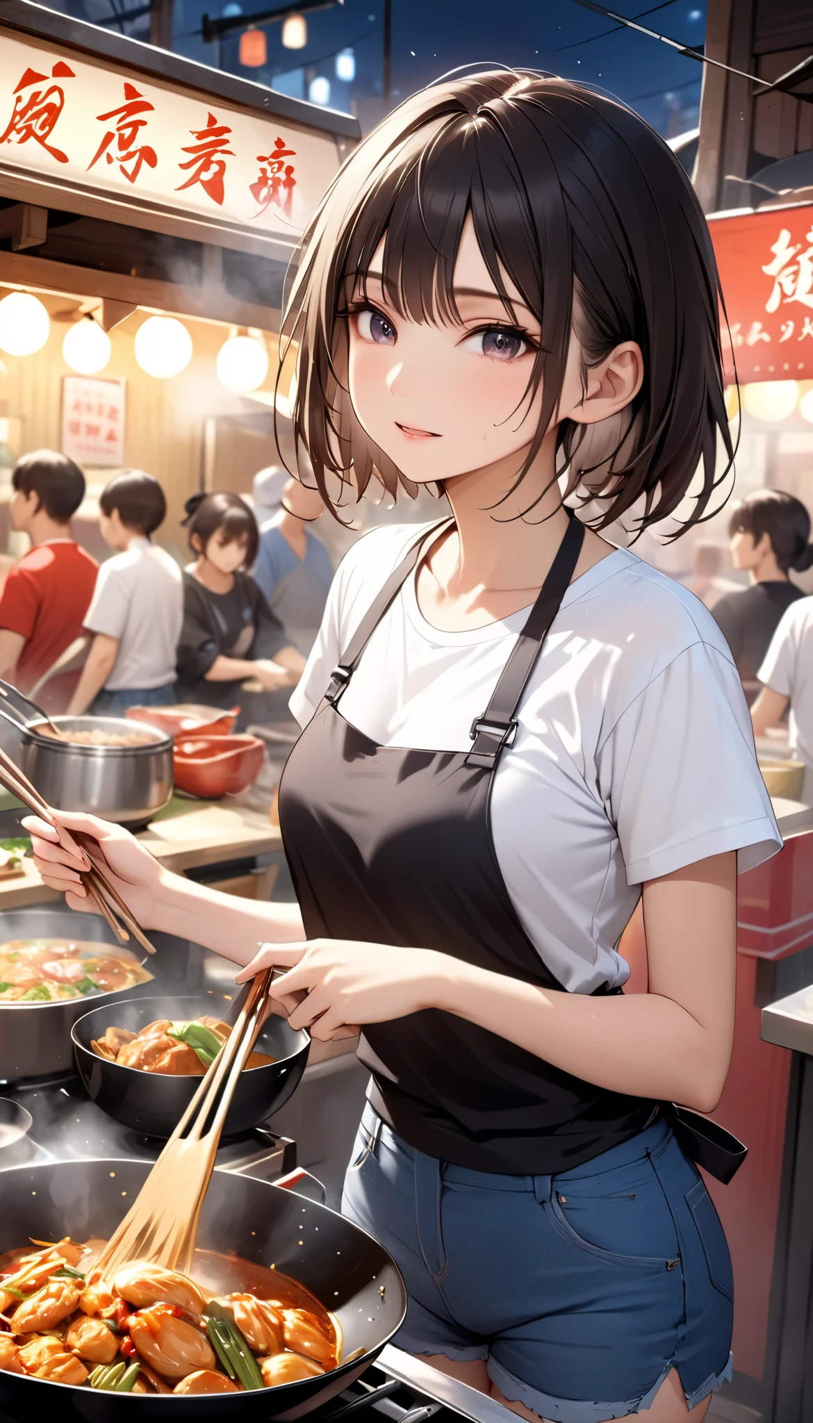 portrait, (Masterpiece, top quality, ultra high definition), solo Japanese woman, sexy girl, Chinese food stall, Food stall village, Bustling, A girl sweating and cooking Chinese food in the kitchen of a food stall, Short-sleeved T-shirt, Apron, Jeans shorts, Sneakers, Food stall at night, Stir-frying food in a large wok