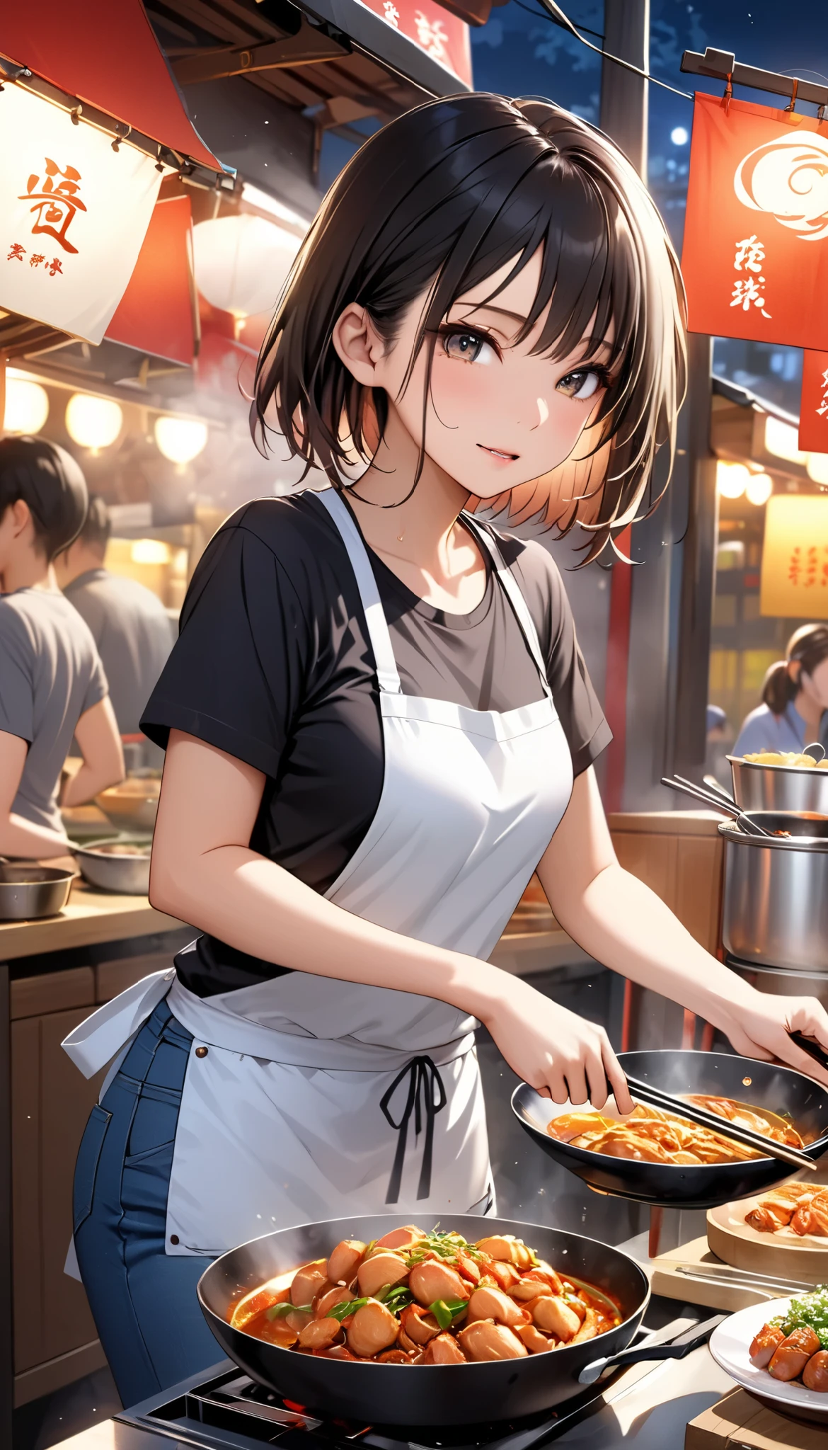 portrait, (Masterpiece, top quality, ultra high definition), solo Japanese woman, sexy girl, Chinese food stall, Food stall village, Bustling, A girl sweating and cooking Chinese food in the kitchen of a food stall, Short-sleeved T-shirt, Apron, Jeans shorts, Sneakers, Food stall at night, Stir-frying food in a large wok