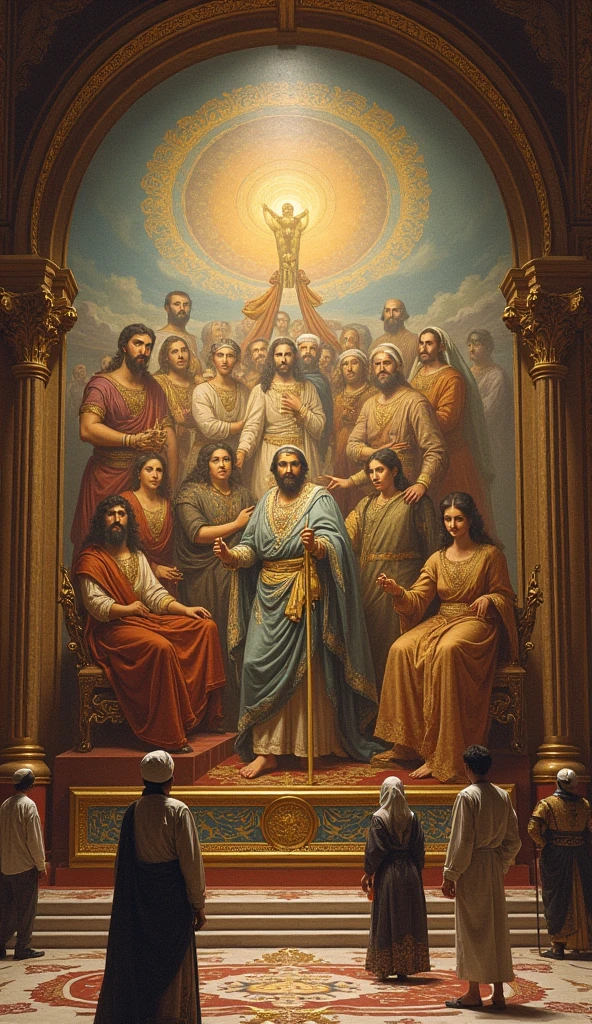 painted painting of a group of black people sitting on a platform, Renaissance and religious art, renaissance religious painting, biblical art style, biblical painting, religious painting, Renaissance art style, biblical art, hermetic art, Medieval and Arabic Renaissance art, pre Renaissance art, renaissance painting style, neoclassicist painting, Gnosticism, Renaissance style painting, Christian Mysticism, Religious Art