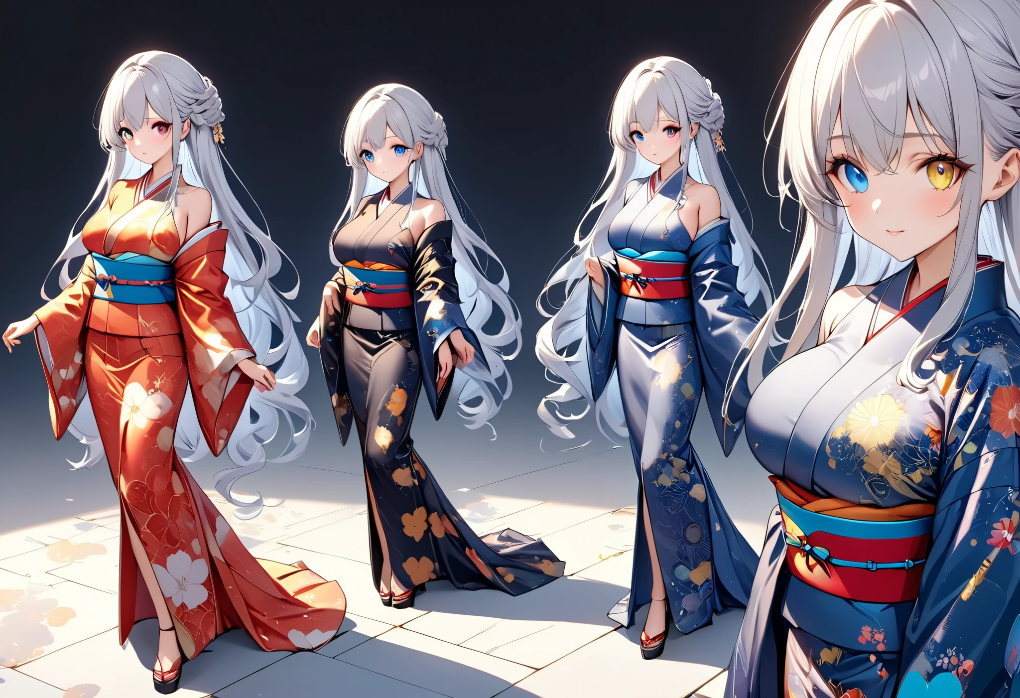 fresh illustration ,
Superfine painting,
top quality,
very delicate illustration ,
Very fine details ,
beautiful attractive anime style ,
Fascinating anime style ,
more details,
A beautiful and sophisticated illustration of one girl,
full body view,
Height: 158cm,
Fair skin,
Complete heterochromia,
large black pupils ,
beautiful eyes,
Shiny super long hair ,,
Hairstyle Random ,
Hair color is random,
The hair has gradation ,
pretty and cute face ,
Cheeks are ruddy,
Lowering the eyebrows,
since age 27,
The upper half of the body is in a traditional Japanese kimono,
Kimono colors and patterns are random ,
lower body Nadres ,
the color of the belt with your kimono ,
The belt has a gradation ,
fine fabric clothing ,
Shoulder-width narrower shoulders,
mega breasts,
Isometric,
Golden Ratio,
I'm wearing padded collar innerwear,
Match the location and weather ,,
tactical use of shadows ,
The circle of hair and head does not show the angle of view,
Clothes don't show the angle of view ,
Standing,
Long Shot,