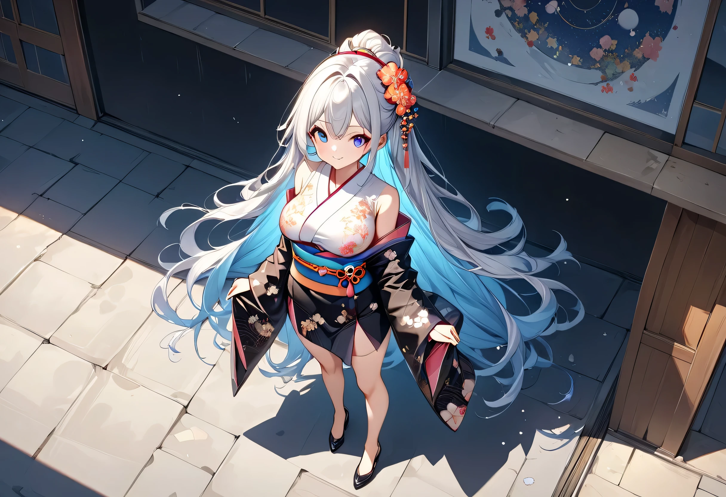 Fresh illustration,
Ultra-fine drawing,
Top quality,
Very delicate illustration,
Very fine details,
Beautiful and charming anime style,
Enchanting anime style,
Super detailed,
Beautiful and sophisticated illustration of a girl,
Full body,
Height 158cm,
Fair skin,
Complete heterochromia,
Large black pupils,
Beautiful eyes,
Super long shiny hair,,
Random hairstyle,
Random hair color,
Hair with gradient,
Beautiful and cute face,
Good cheeks,
Lower eyebrows,
Smiling,
Upper body is Japanese style and kimono,
Kimono color and pattern are random,
Lower body is Chinese dress,
Obi color should match kimono,
Tasteful embroidery on obi,
Clothes with high quality fabric,
Narrow shoulders,
Mega breasts,
isometric,
golden ratio,
wearing a stand-up collar,
location and weather conditions match,,
tactical use of shadows,
hair and headband do not extend beyond the frame,
clothes do not extend beyond the frame,
standing,
long shot,