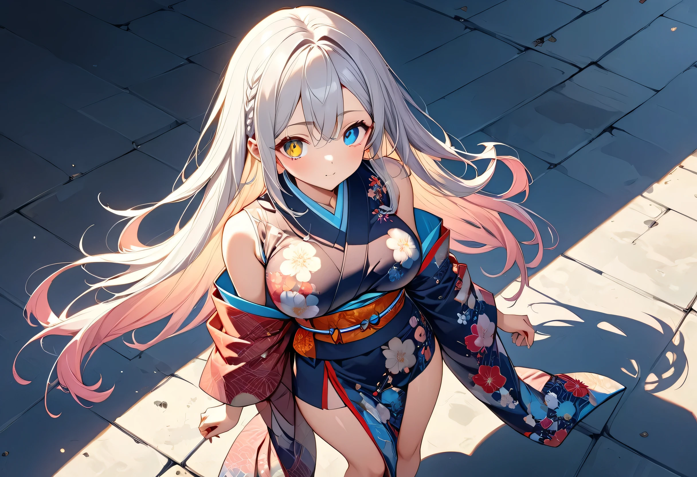 fresh illustration ,
Superfine painting,
top quality,
very delicate illustration ,
Very fine details ,
beautiful attractive anime style ,
Fascinating anime style ,
more details,
A beautiful and sophisticated illustration of one girl,
full body view,
Height: 158cm,
Fair skin,
Complete heterochromia,
large black pupils ,
beautiful eyes,
Shiny super long hair ,,
Hairstyle Random ,
Hair color is random,
The hair has gradation ,
pretty and cute face ,
Cheeks are ruddy,
Lowering the eyebrows,
since age 27,
The upper half of the body is in a traditional Japanese kimono,
Kimono colors and patterns are random ,
lower body Nadres ,
the color of the belt with your kimono ,
The belt has a gradation ,
fine fabric clothing ,
Shoulder-width narrower shoulders,
mega breasts,
Isometric,
Golden Ratio,
I'm wearing padded collar innerwear,
Match the location and weather ,,
tactical use of shadows ,
The circle of hair and head does not show the angle of view,
Clothes don't show the angle of view ,
Standing,
Long Shot,