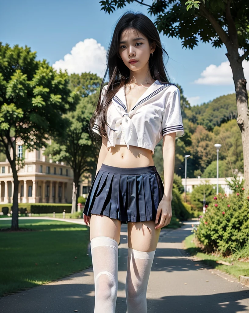 masterpiece, highest quality, 8K, , RAW photo, disorganized, award-winning portraits, alone, noon, idol face, delicate face, Digital single-lens reflex camera, looking at the viewer, shy smile、shame、flushed cheeks、thin arms, small breasts, nipples, small ass、thin waist、Frank, Sophisticated, like々New, thin arms, professional lighting, film grain, black eyes, chromatic aberration, (detailed eyes and face:1.0), (Bokeh:1.1),(hyper pretty face:1.3),(medium black hair:1.4), japan school student sailor uniform, (pleated mini skirt:1.3), white blouse and school ribbon, (cute panties, high detailed, pale color:1.4), above the knee, (angle from side:1.3), hair blowing in the wind, looking at the viewer