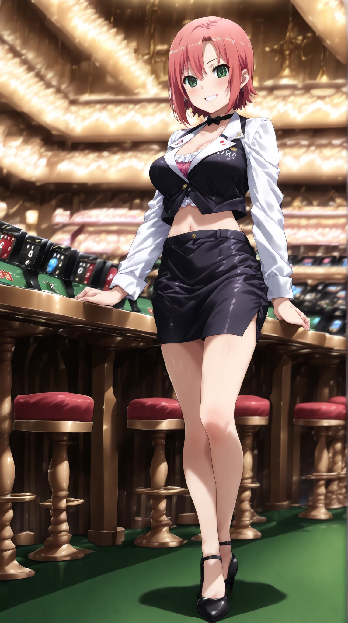 nsfw:1.0, ((Full Body Shot:1.0)),(one mature female lady, black hair, long low ponytail hair, cseparated bangs, hair pins, huchu, slim body, small-medium breast, silver bikini top, white bow tie, white pleated mini skirt, white boots, blurred background, standing in casino)