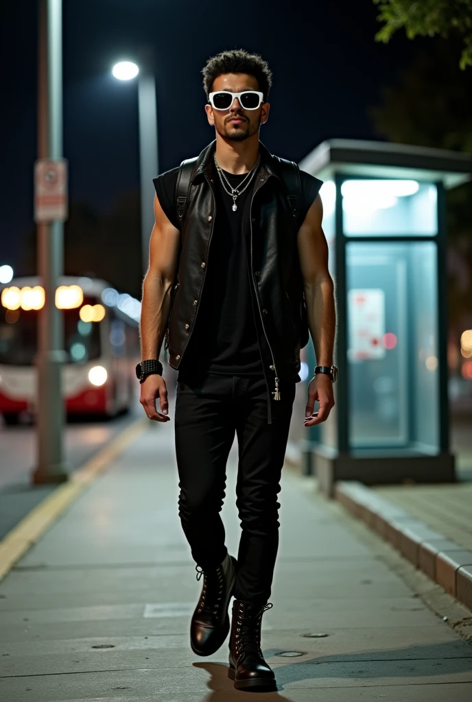 young white western man , black short hair, white sunglasses, black rock'n roll style clothes, combat boots, black vest, backpack on back, walking along a street at night, bus stop Behind him, light pole shining on top of it, city night background with bus stop, Behind him, Full-body image