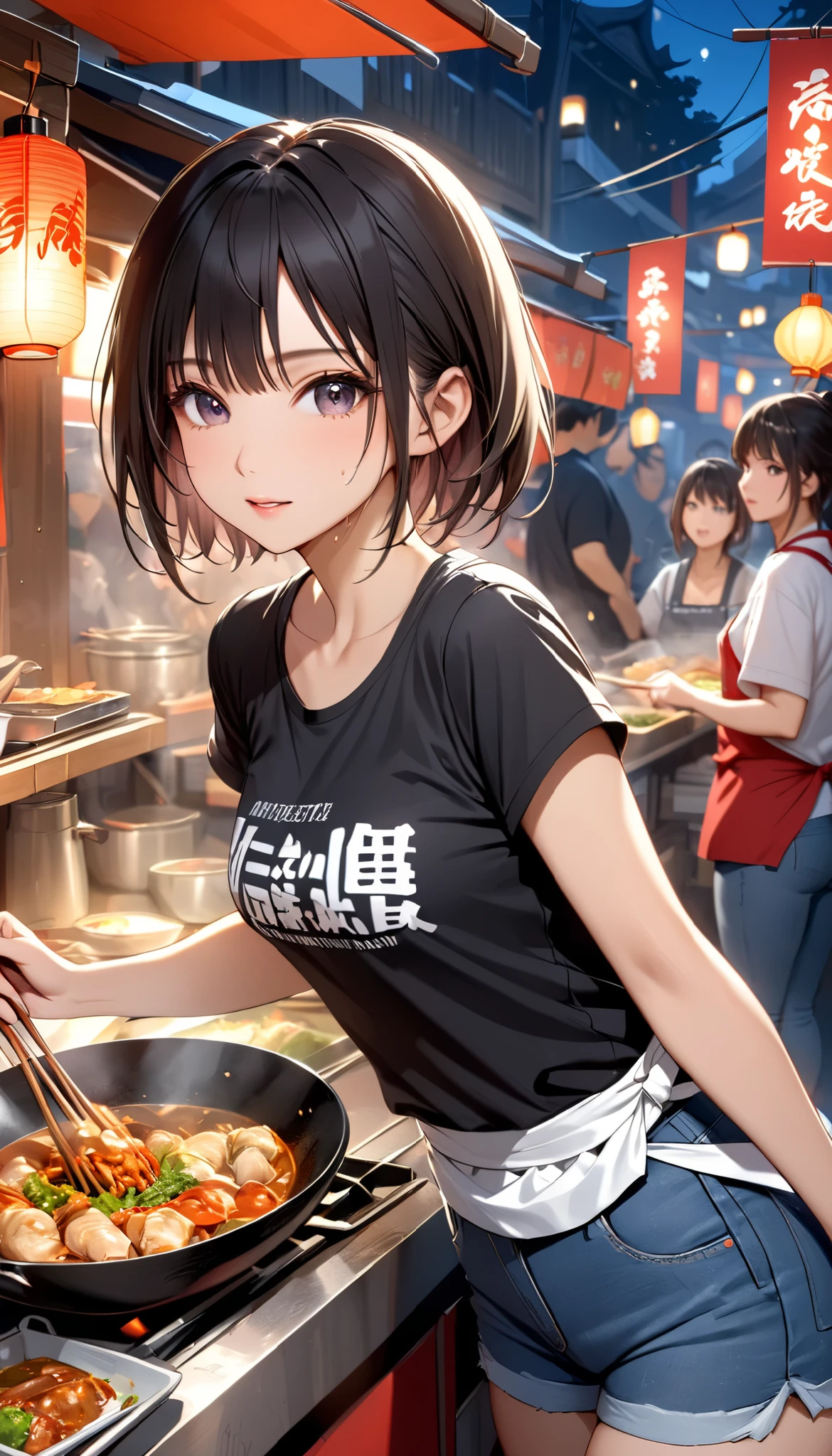 portrait, (Masterpiece, top quality, ultra high definition), side shot, solo Japanese woman, sexy girl, Chinese food stall, Food stall village, Bustling, A girl sweating and cooking Chinese food in the kitchen of a food stall, Short-sleeved T-shirt, Apron, Jeans shorts, Sneakers, Food stall at night, Stir-frying food in a large wok