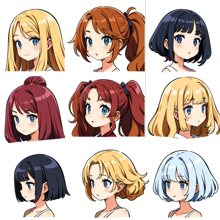 9 girls, white background,  different characters, multiple views, (Close up heads, portrait, mugshot), bra, bare shoulders, bikini, different hair colors, different hair styles, 
twin-tail hair style, 
pony-tail hair, wavy 
long hair, 
braid, 
parted bangs, 
high ponytail, 
low ponytail, 
big hair, cornrows, 
hair bun, 
hair rings, 
half updo hairstyle, 
diagonal bangs, 
two side up hair, 
flipped hair, 
blunt bangs, 

warm-toned hair colors, 
cool-toned hair colors, 
brown hair color, 
red hair color, 
yellow hair color, 
white hair color, 
purple hair color, 
blue hair color,