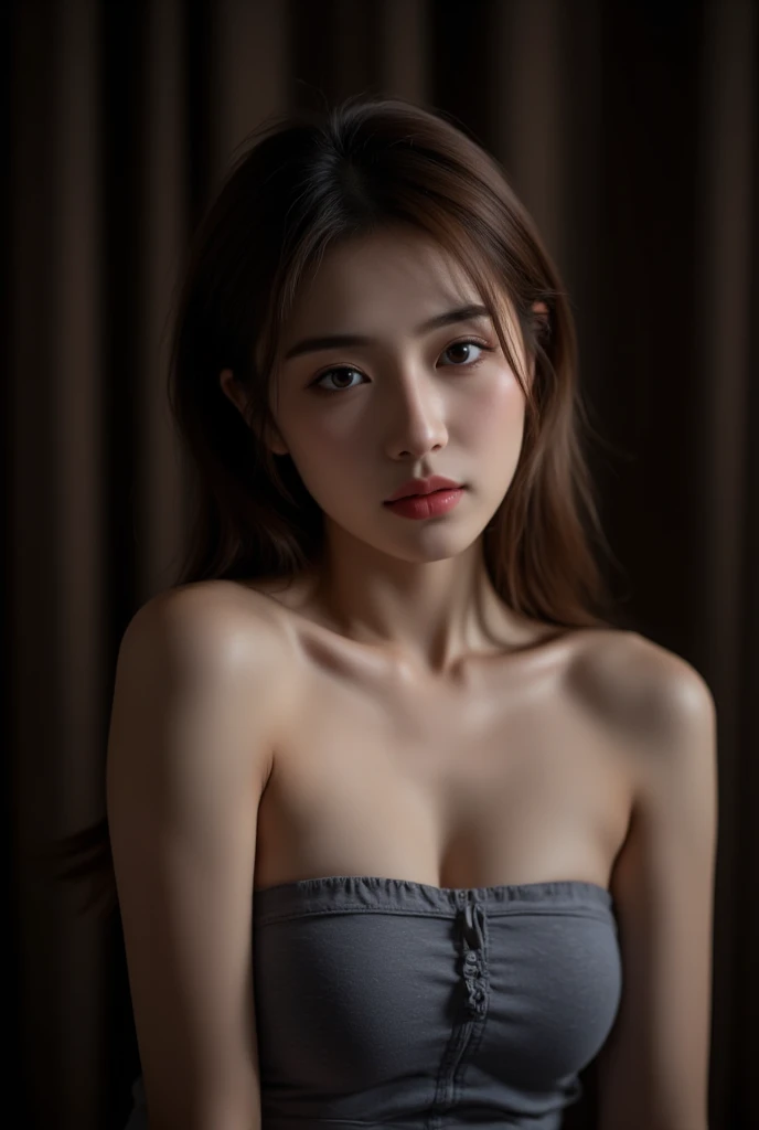  masterpiece ,   best quality, illustration,  Full Details ,  detail,  high resolution , 8k Wallpaper , Perfect dynamic composition, a Sweet Thai girl around 20 year old , beautiful and delicate eyes  , Sexy face,, there is a feeling of ecstasy on the face ,, facing the peak of sexual arousal.,   Look at the viewer , (( dark background )), mark demstead style， strepless ， bare shoulders ，No underwear， focused on the naked real chest ，Clear opening 。