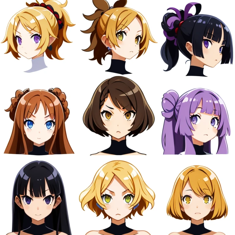 9 girls, white background,  different characters, multiple views, (Close up heads, portrait, mugshot), bra, bare shoulders, bikini, different hair colors, different hair styles, 
twin-tail hair style, 
pony-tail hair, wavy 
long hair, 
braid, 
parted bangs, 
high ponytail, 
low ponytail, 
big hair, cornrows, 
hair bun, 
hair rings, 
half updo hairstyle, 
diagonal bangs, 
two side up hair, 
flipped hair, 
blunt bangs, 

warm-toned hair colors, 
cool-toned hair colors, 
brown hair color, 
red hair color, 
yellow hair color, 
white hair color, 
purple hair color, 
blue hair color,