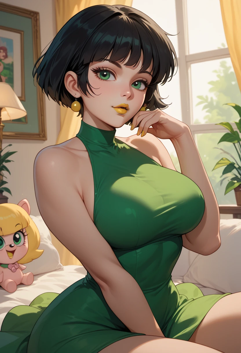 woman, big breasts, yellow lipstick, anime style, green eyes, white skin, black hair, short hair, green dress, Buttercup, Powerpuff Girls 