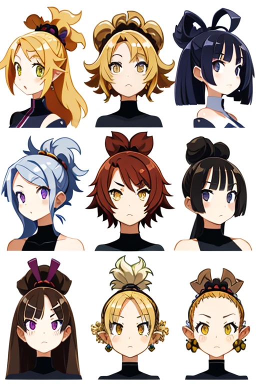 9 girls, white background,  different characters, multiple views, (Close up heads, portrait, mugshot), bra, bare shoulders, bikini, different hair colors, different hair styles, 
twin-tail hair style, 
pony-tail hair, wavy 
long hair, 
braid, 
parted bangs, 
high ponytail, 
low ponytail, 
big hair, cornrows, 
hair bun, 
hair rings, 
half updo hairstyle, 
diagonal bangs, 
two side up hair, 
flipped hair, 
blunt bangs, 

warm-toned hair colors, 
cool-toned hair colors, 
brown hair color, 
red hair color, 
yellow hair color, 
white hair color, 
purple hair color, 
blue hair color,