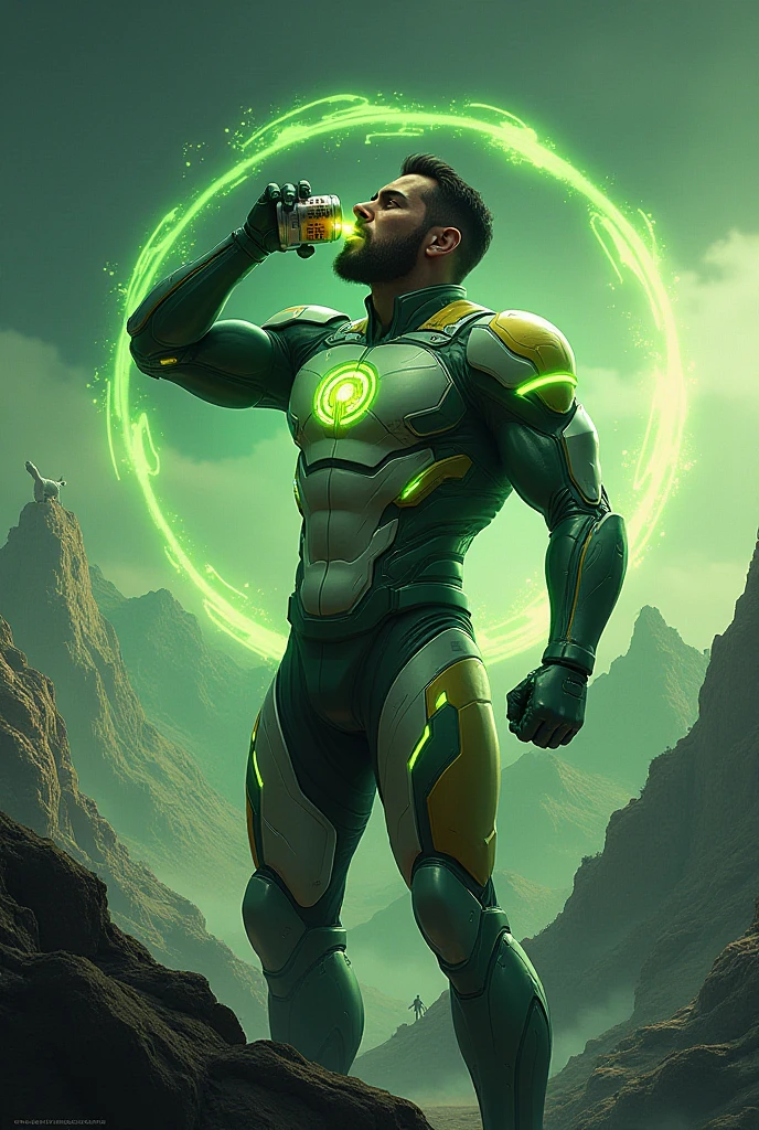 Depict a futuristic bottle of green serum that grants enhanced strength. The device could be a sleek, metallic gauntlet with glowing power cores, or a vial of radiant liquid being injected into a character’s arm. The image should emphasize power and vitality, with energy waves or pulses emanating from the user. The background could be a high-tech lab or a dystopian cityscape, emphasizing the need for extra power.