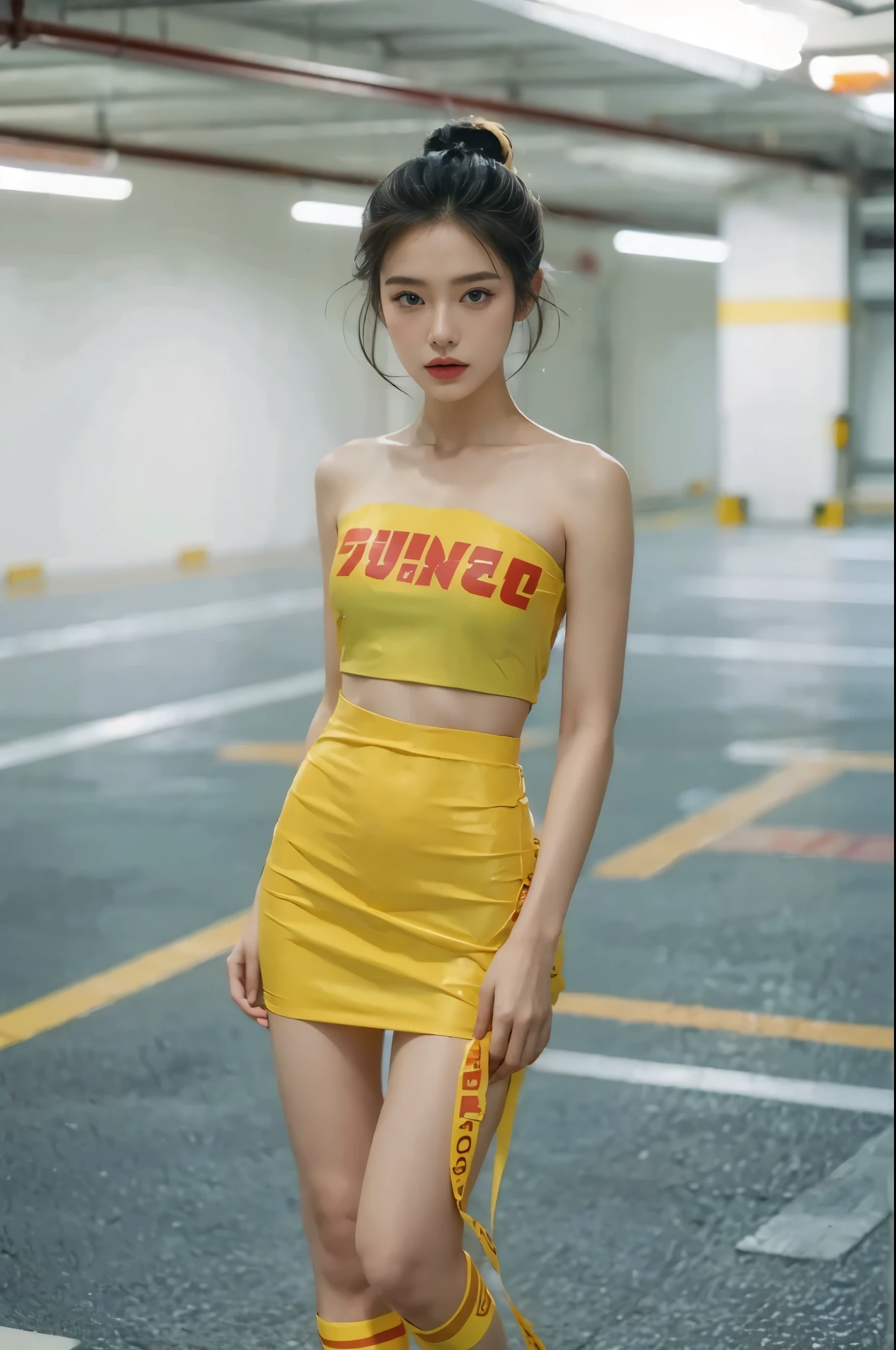 (((best quality))),(((super detailed))),(((masterpiece))),illustration,1 girl,detailed face,DHL tape dress