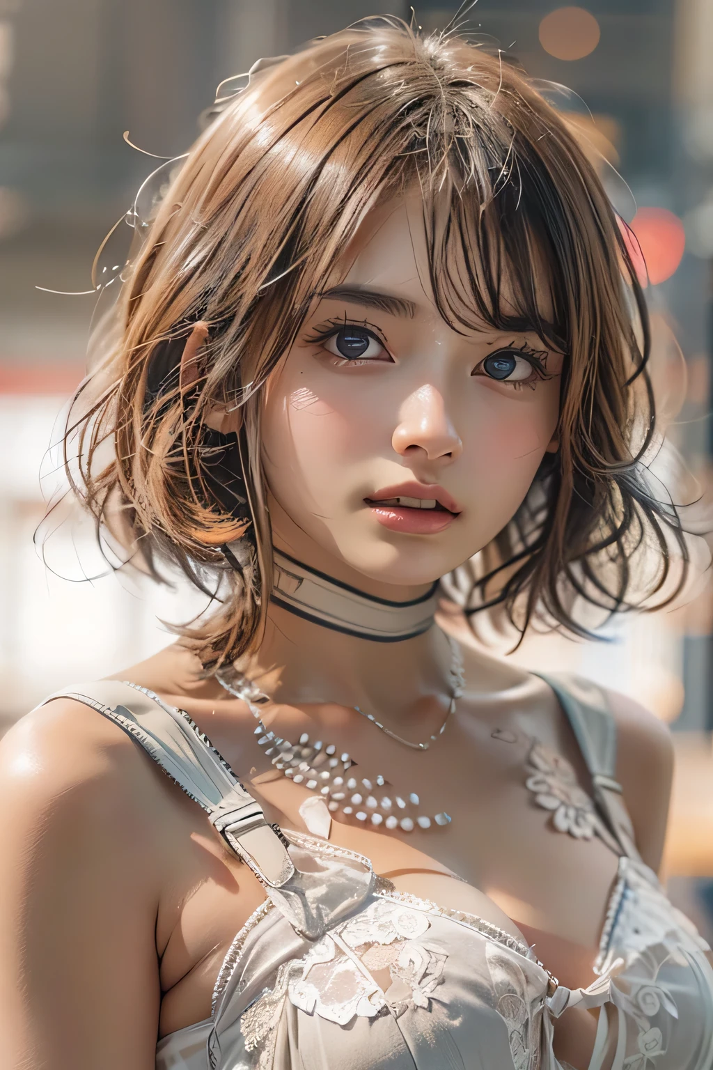 Top Quality, Ultra High Definition, (Photorealistic: 1.4), (Detailed Beautiful Girl: 1.4), (Medium: 0.8), looking_at_viewer, Detailed Facial Details, Beautiful Detailed Eyes, Blue Eyes, Slender, Unforgettable Smile, (Makeup: 0.3), Red Lips, Highly Detailed Clothes, (ulzzang-6500-v1.1: 0.3), Best Quality, White Skin, Real Human Skin, ( Detailed), Oval Face, Pore, Ultra High Resolution, (8k, RAW Photos, Photorealistic: 1.4), One Woman, Slim, (Gentle and Goddess-like Eyes) Happiness: 1.2), (Lip Gloss, Eyelashes, Clear Double, Transparent Eyes, Gloss Face, Top Quality, Ultra High Definition, Wide Lighting, Natural Shading), Random Outfit, Oversized jacket, fashion shirt, white background, light background, big breasts, gloss on chest, gloss on face, gloss on skin, glossy skin, fresh breeze, straight hair, short bob hair, bangs, long neck, choker