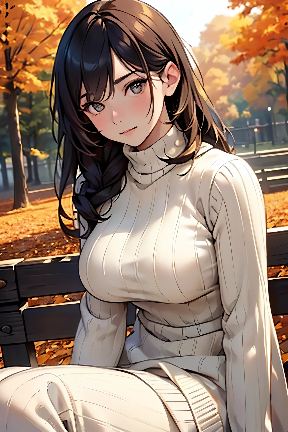  top quality , detailed face ,  cute face,  Masterpiece ,  lady,  Natural light, The particles reflect light, Diffuse reflection of light, Many autumn-colored leaves fall, Beautiful park scenery, Golden hour sunlight, Diffuse reflection of light, Create amazing image effects,  Cozy, warm, Close-up(Stylish woman, tight knit sweater, medium breasts, Thoughtful expression, Chic girl, Sophisticated, elegance, Dynamic, Trendy layered outfit, fallen leaves, crisp autumn air),closed up bust