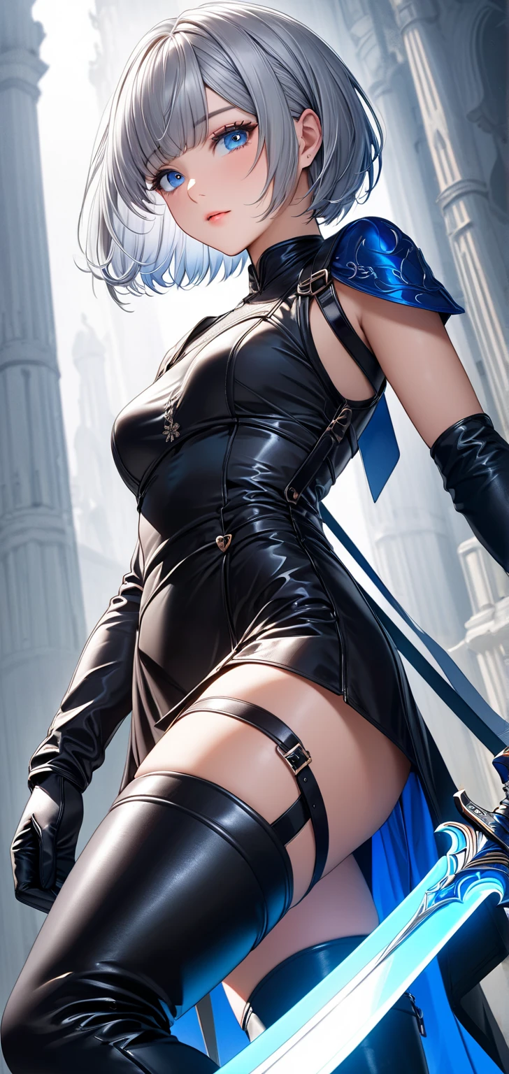 Perfect waist cut, Large breasts, Warrior girl with a small short sword on hand, Skimpy organza clothes ,dark blue hair with red highlights, (perfect nose), Seductive gaze, dark blue boots on high heels with red highlights, (Best Illustration), 8k Resolution, Intricate Details, Best Quality, Realistic, Ultra Detailed, Best Lighting, Best Shadows, Ultra HD, A Necromancer style, Night, Magic, Dark Style, Vampire, (shining red eyes:1.6), masterpiece, high_res, Beautiful face, tyndall effect, photo realistic, (high detailed skin:1.2), 8k uhd, dslr, high quality, Photograph, high resolution, 4k, 8k, Bokeh, absurdres, ponytail contorted, best ratio four finger and one thumb, front view, dark blue hair gorgeous, perfect proportional skinny fitness body, full body view, wet skin, wet clothes, dark cathedral baground scenery, huge bobs, belly muscle, long fit perfect legs, fishnet dark red Stockings, realistic reflection in the water