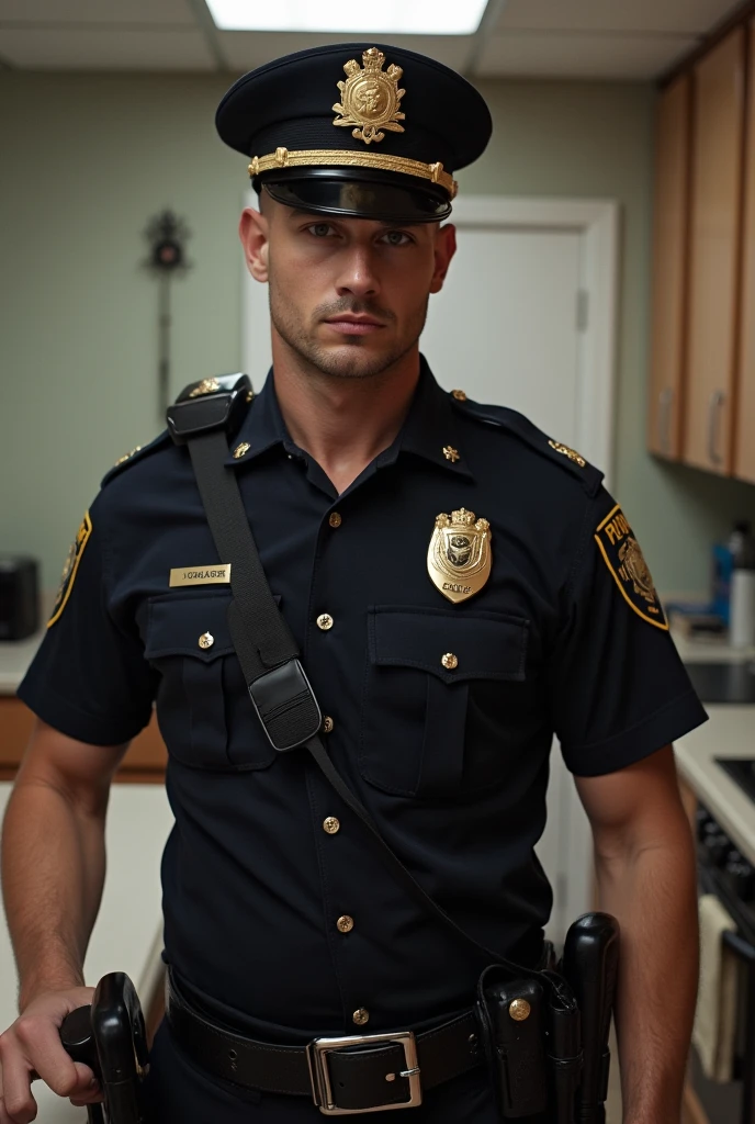 realistic, sfw, an attractive 18 years old fit caucasian boy standing, police uniform, darelljones,