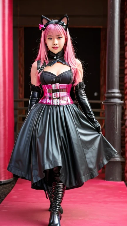 Asian  solo with pink hair, straight hair, slim model, latex corset pink black , latex pleated skirt pink black, latex arm warmers, knee high latex boots, cat ears, bouncy castle
