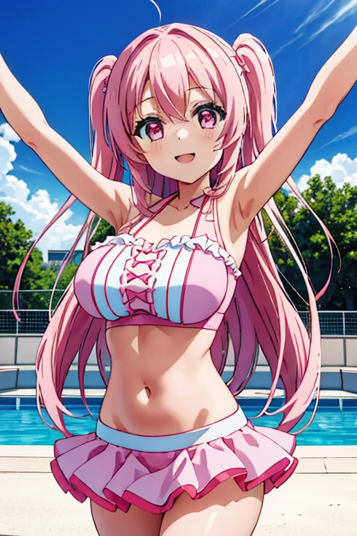 best quality, ultra-detailed masterpiece, nino nakano, large breasts, blush, smile, bikini swimsuit, pantyhose, open arms