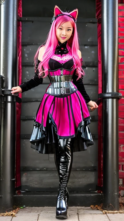 Asian teen solo with pink hair, straight hair, slim model, latex corset pink black , latex pleated skirt pink black, latex arm warmers, knee high latex boots, cat ears, bouncy castle
