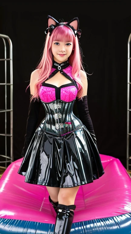 Asian  solo with pink hair, straight hair, slim model, latex corset pink black , latex pleated skirt pink black, latex arm warmers, knee high latex boots, cat ears, bouncy castle
