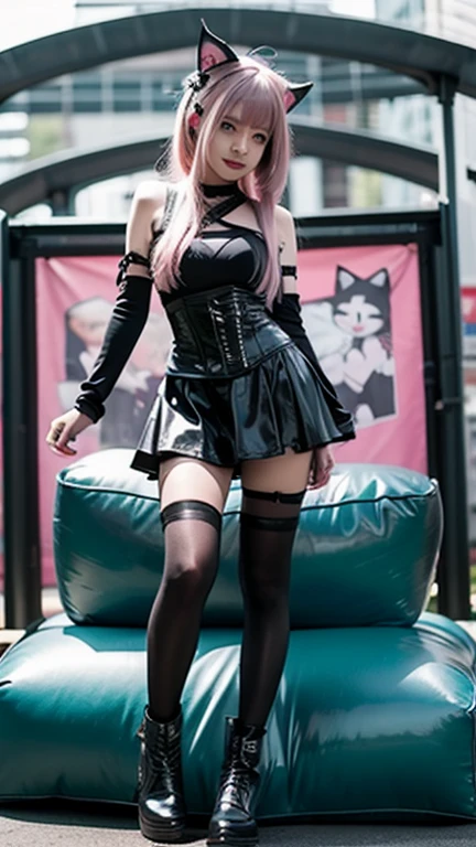 ((best quality)), ((masterpiece)), (detailed), 1 Girl, Sexy,((Pink Hair)),Long hair,Side-parted long bangs,Qingchun,Classical Beauty,Blue Eyes,Black evening gown,Black stockings,Black boots。