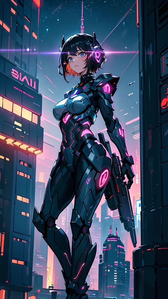 1girl, close-up, intricate details, (cyberpunk:1.4), (from behind), mechanical arms, glasses, messy hair, (shiny neon armor:1.2), machines, black background, big breasts, pink hair, curvy girl but fit, a gun in her hand, bots, drones, cars