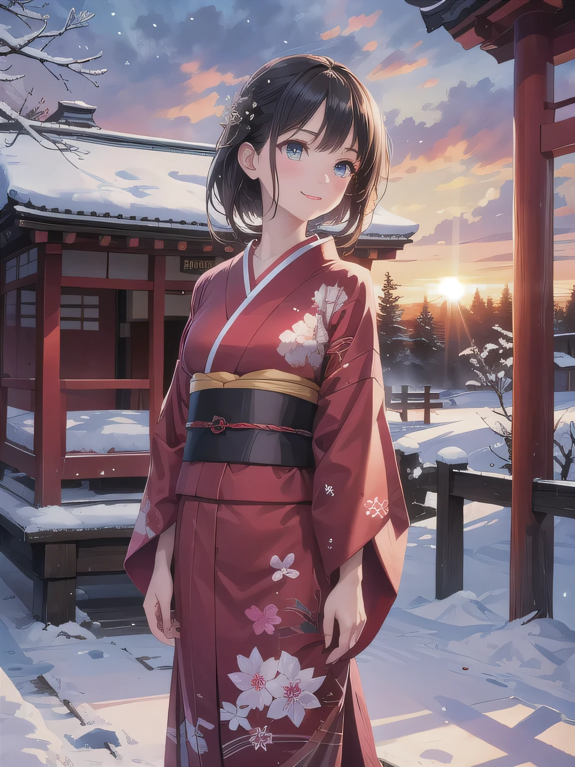 A breathtakingly beautiful -yeld wo with a slender physique, dressed in an elegant black and red kimono suitable for the Japanese New Year. She stands against the serene backdrop of a New Year's sunrise, featuring a traditional Japanese shrine, snow-covered grounds, and vibrant red camellias in bloom. Her gentle smile and friendly expression harmonize with the peaceful atmosphere of the snowy morning. (RAW photo, top quality, realistic, photo-realistic:1.4), (masterpiece, extremely detailed, 2k wallpaper), (Ultra Details, high res, soft light, cinematic lighting), (perfect anatomy, slender body), (extremely detailed eyes and face, beautiful nose, beautiful eyes). 