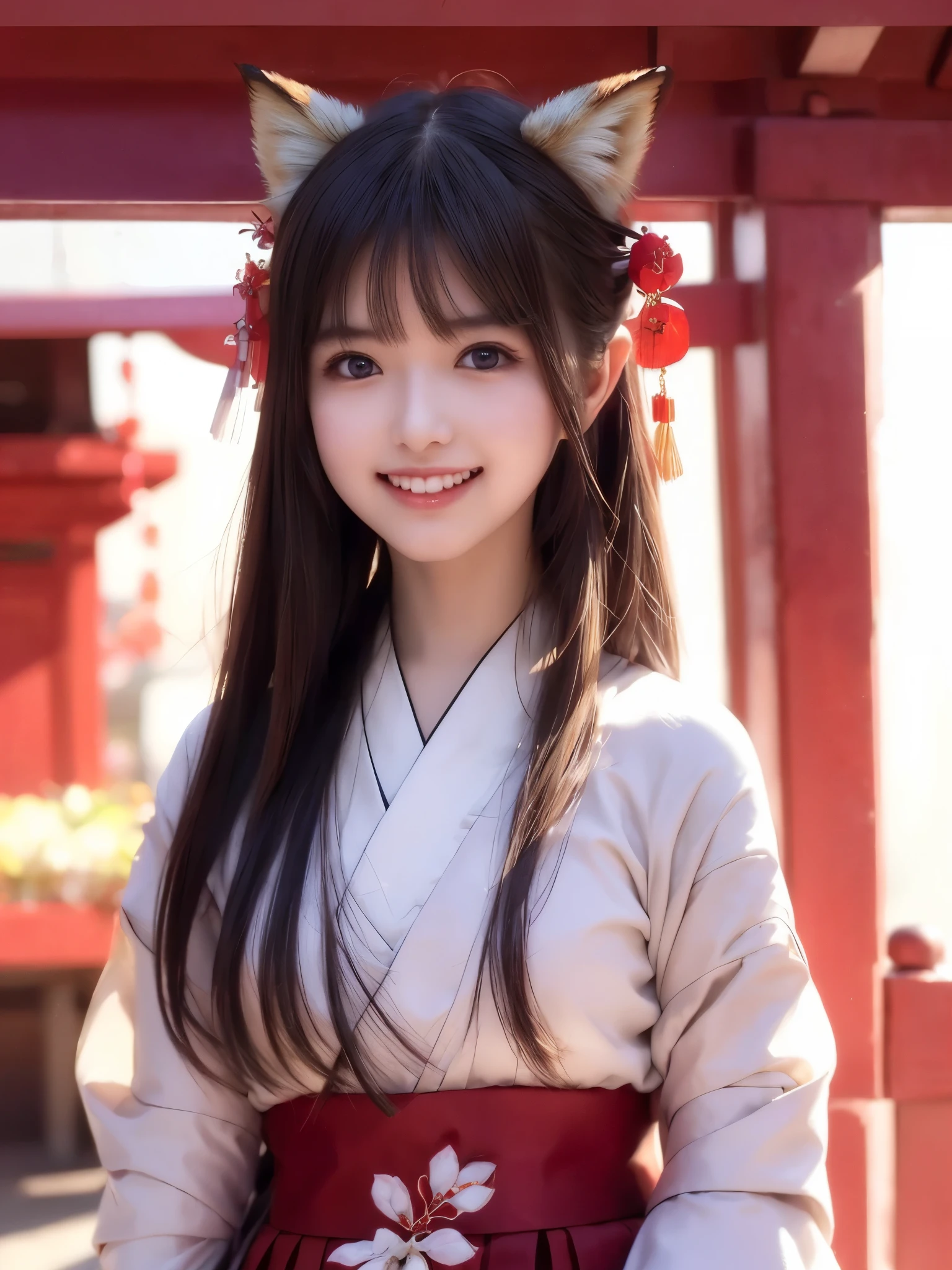 ( face close-up:1.2)、 top quality、 ultra high definition、(Photographically: 1.2)、 beautiful eyes、 very beautiful、 shiny hair 、Mature and elegant、(smile、smile:1.5)、(Fox's false ears:1.5)、(kawaii miko girl, wearing japanese white clothes,red hakama, in a Japanese shrine, 45 angle by krenz cushart and Mucha, golden hour lighting, strong rim light, intense shadows)