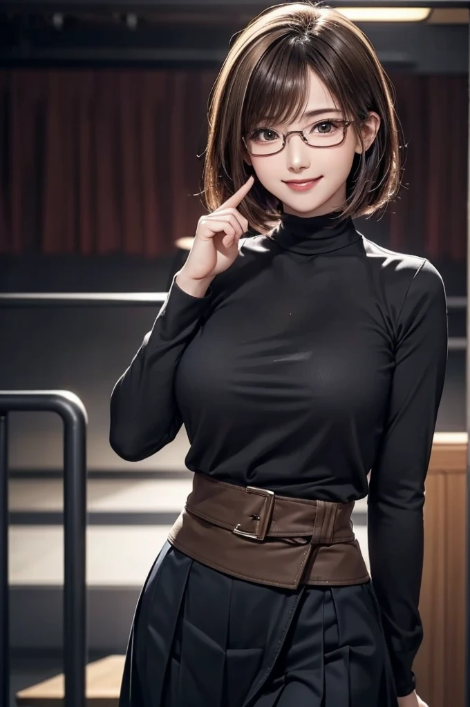 ultra-realism, 1girl, looking at viewer, A cute and attractive woman in a sexy pose, anatomically correct, ((She is smiling warmly and making a gesture of removing her glasses)), Square glasses, Her body proportions are natural and realistic, with soft lighting highlighting her features, straight bob hair, asymmetrical bangs, perfecteyes eyes, She is wearing a stylish outfit with a pleated skirt and a belt that highlights her waist, blouse, elegant background with a modern aesthetic, Highly detailed, vibrant, and polished, beautiful breasts, (leaned forward), cross-legged,