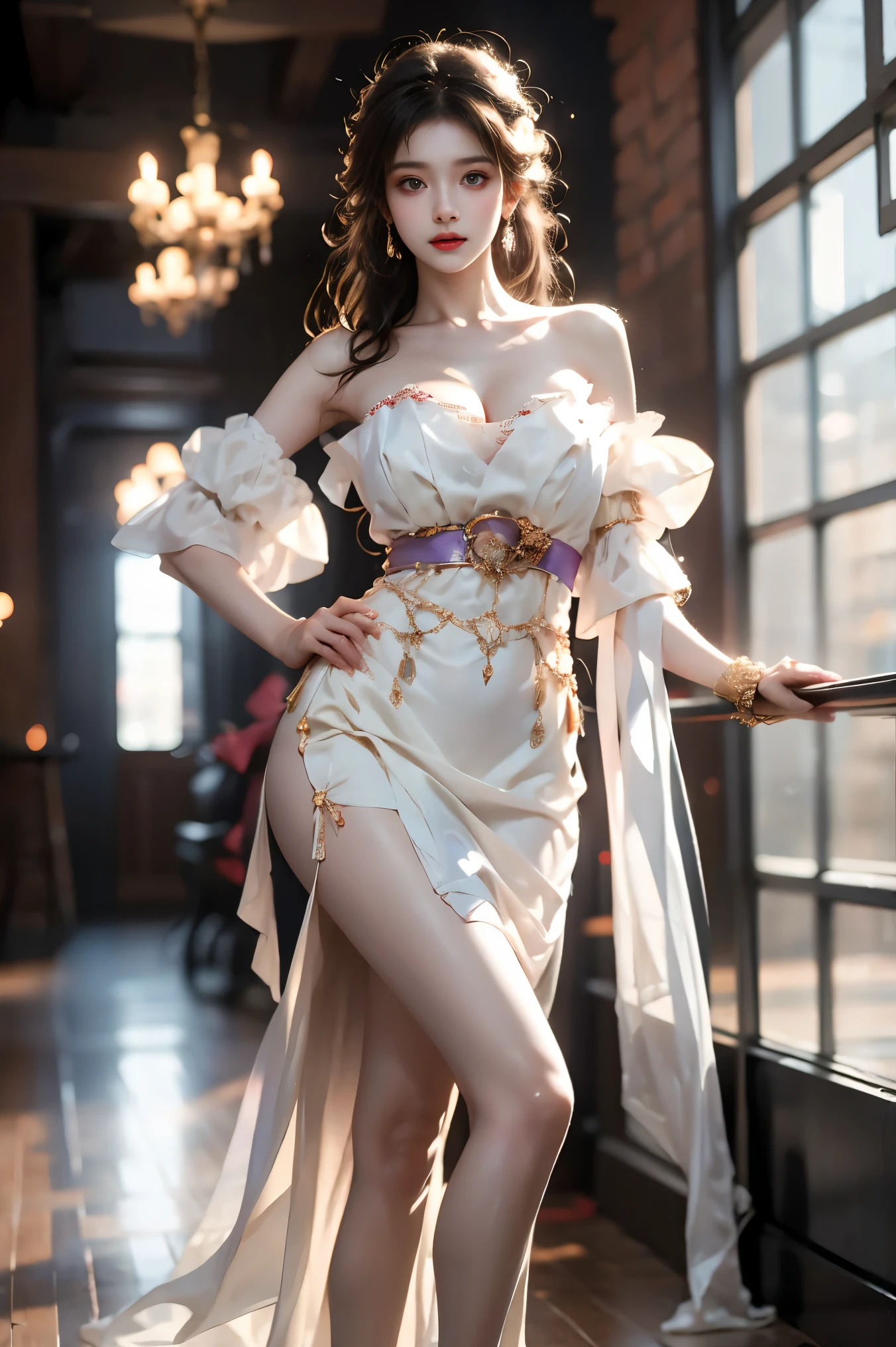 guqinghan, jrys,
high heels,bare shoulders, see-through, jewelry,strapless, collarbone, bracelet, off shoulder,earrings, bow,cleavage, tube dress, strapless dress (cowboy shot:1.3), (from below:1.2),photorealistic beautiful woman, fashion model with long legs, (standing in hallway:1.2), (Stand on one foot:1.2), (Lean against the wall), portico corridor, single bare shoulder, (elegant contrapposto pose:1.2), graceful stance, slim athletic figure, (high detailed skin:1.2), (Full breasts, visible cleavage, very short hemlines, revealing smooth thighs), soft ambient lighting, cinematic lighting, depth of field, 85mm portrait photography, natural shadows, professional fashion photography, high-end magazine style, high resolution, masterpiece, best quality, intricate details, hyperrealistic
