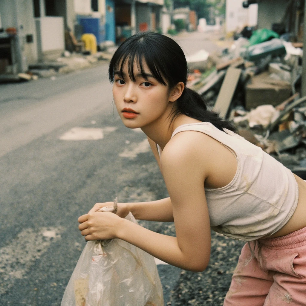 1 korean girl, dirty, ragged clothes, tattered sleveless mini loose tanktop, hands up, leaked, ultra super thick armpit hair visible, arms raised, spread legs, big labia pussy leaked, no panties, sad expression, poor, homeless, (best quality,4k,8k,highres,masterpiece:1.2),ultra-detailed,(realistic,photorealistic,photo-realistic:1.37), bright lighting, sunny, at street