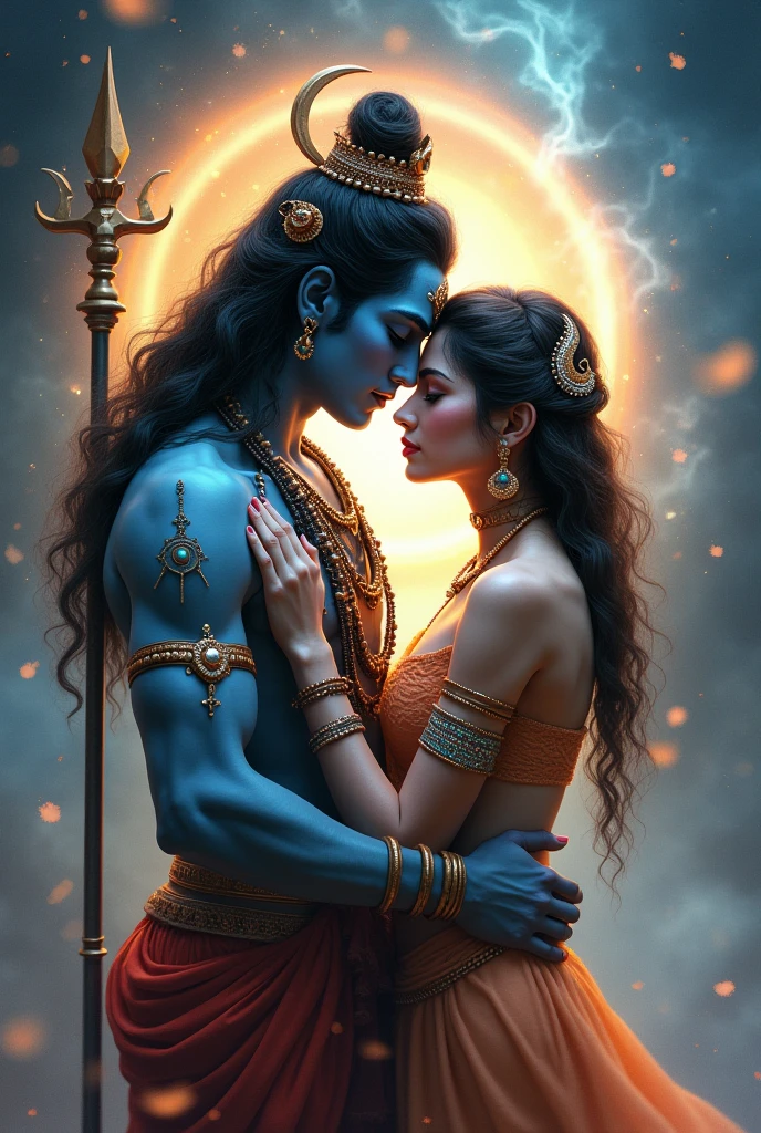 Highly detailed image, ebony big boobs goddess kali with ten arms kissing  lord shiva who is sitting in her lap