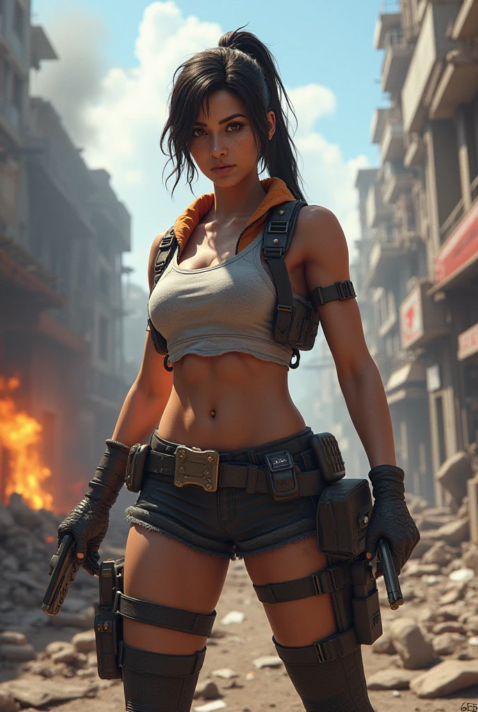 Short-haired, Busty、Realistic tall on the battlefield, Muscular Japanese female volleyball player poses sexy with her big butt