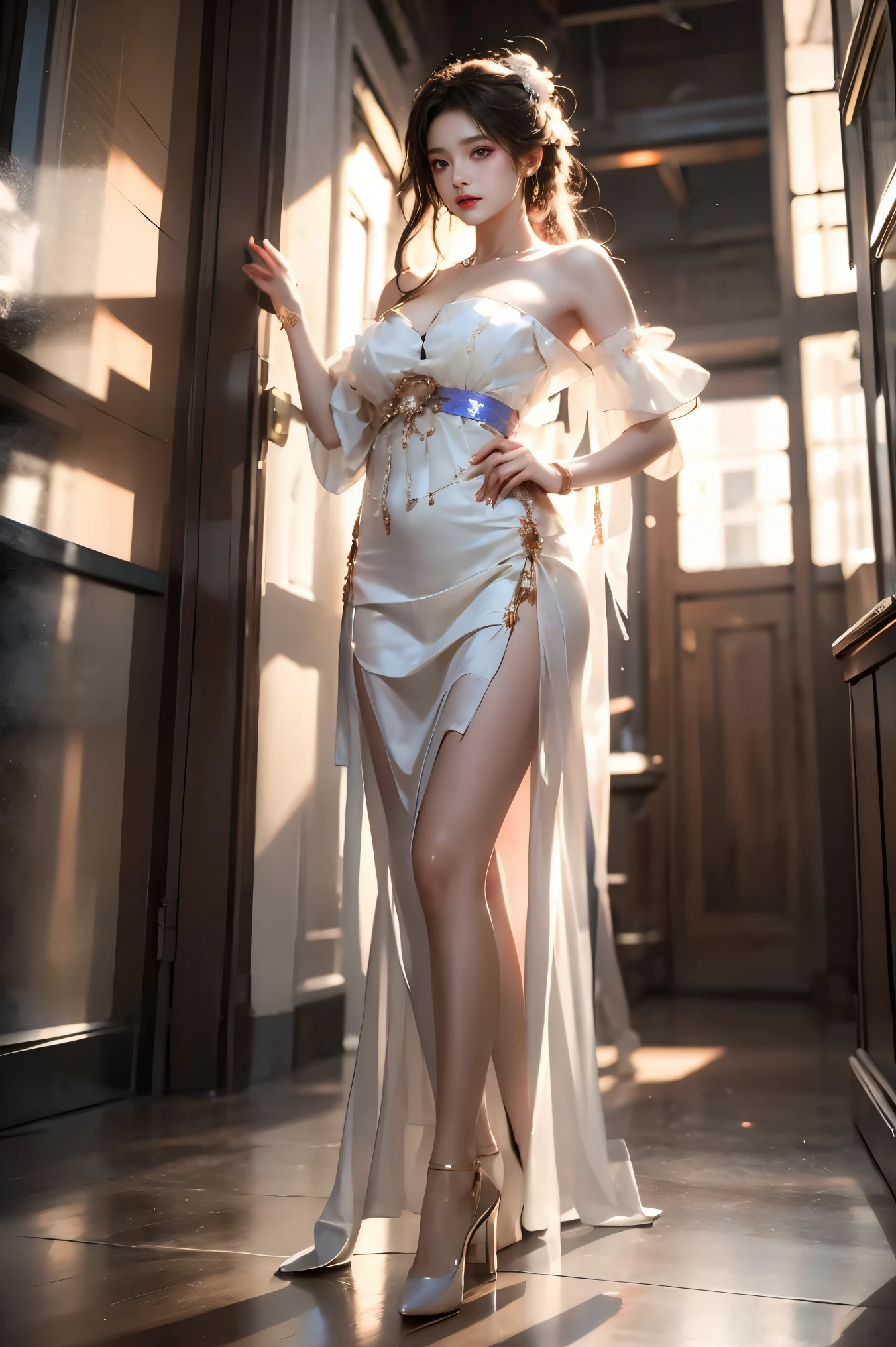 guqinghan, jrys,
high heels,bare shoulders, see-through, jewelry,strapless, collarbone, bracelet, off shoulder,earrings, bow,cleavage, tube dress, strapless dress (cowboy shot:1.3), (from below:1.2),photorealistic beautiful woman, fashion model with long legs, (standing in hallway:1.2), portico corridor, single bare shoulder, (elegant contrapposto pose:1.2), graceful stance, slim athletic figure, (high detailed skin:1.2), (Full breasts, visible cleavage, very short hemlines, revealing smooth thighs), soft ambient lighting, cinematic lighting, depth of field, 85mm portrait photography, natural shadows, professional fashion photography, high-end magazine style, high resolution, masterpiece, best quality, intricate details, hyperrealistic
