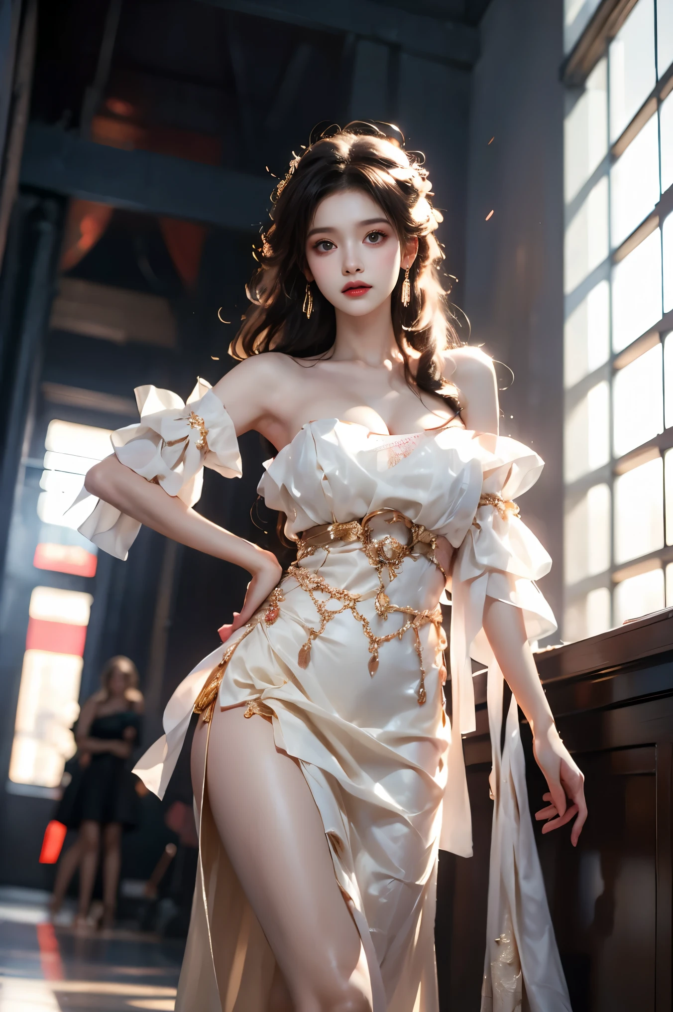 guqinghan, jrys,
high heels,bare shoulders, see-through, jewelry,strapless, collarbone, bracelet, off shoulder,earrings, bow,cleavage, tube dress, strapless dress (cowboy shot:1.3), (from below:1.2),photorealistic beautiful woman, fashion model with long legs, (standing in hallway:1.2), portico corridor, single bare shoulder, (elegant contrapposto pose:1.2), graceful stance, slim athletic figure, (high detailed skin:1.2), (Full breasts, visible cleavage, very short hemlines, revealing smooth thighs), soft ambient lighting, cinematic lighting, depth of field, 85mm portrait photography, natural shadows, professional fashion photography, high-end magazine style, high resolution, masterpiece, best quality, intricate details, hyperrealistic