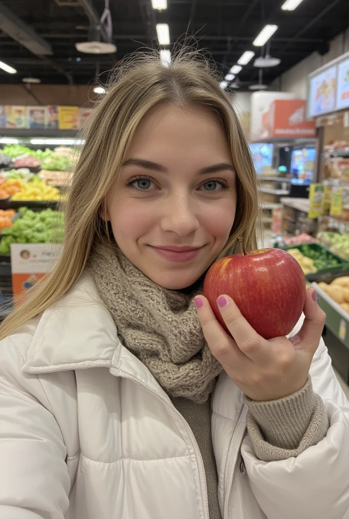 Selfie of 30-year-old slim woman with long blonde hair and blue-grey eyes and small breasts, wearing a white puffer jacket with a cozy scarf. She is standing in the produce aisle of a supermarket, holding a bright red apple and smiling warmly at the camera. The background shows colorful vegetables under bright store lighting. The photo was taken in front of the face, slightly tilted to the side, photo in bright indoor light.