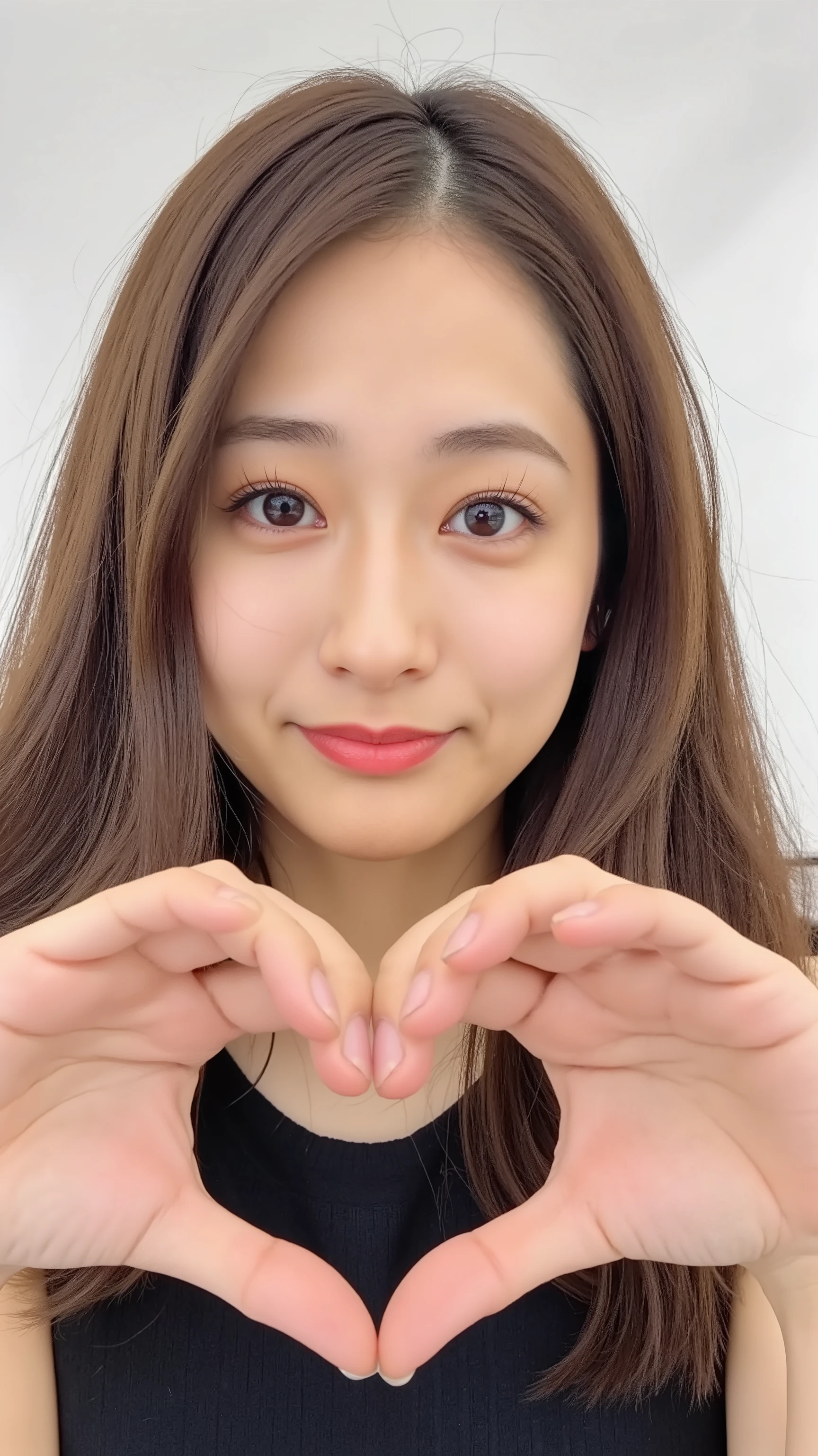        A close-up of your face is a posture wearing an attractive camisole,   make your hands in front of your chest in the shape of a heart   ,     Cute Smile Up、   ）The background is plain and 、   