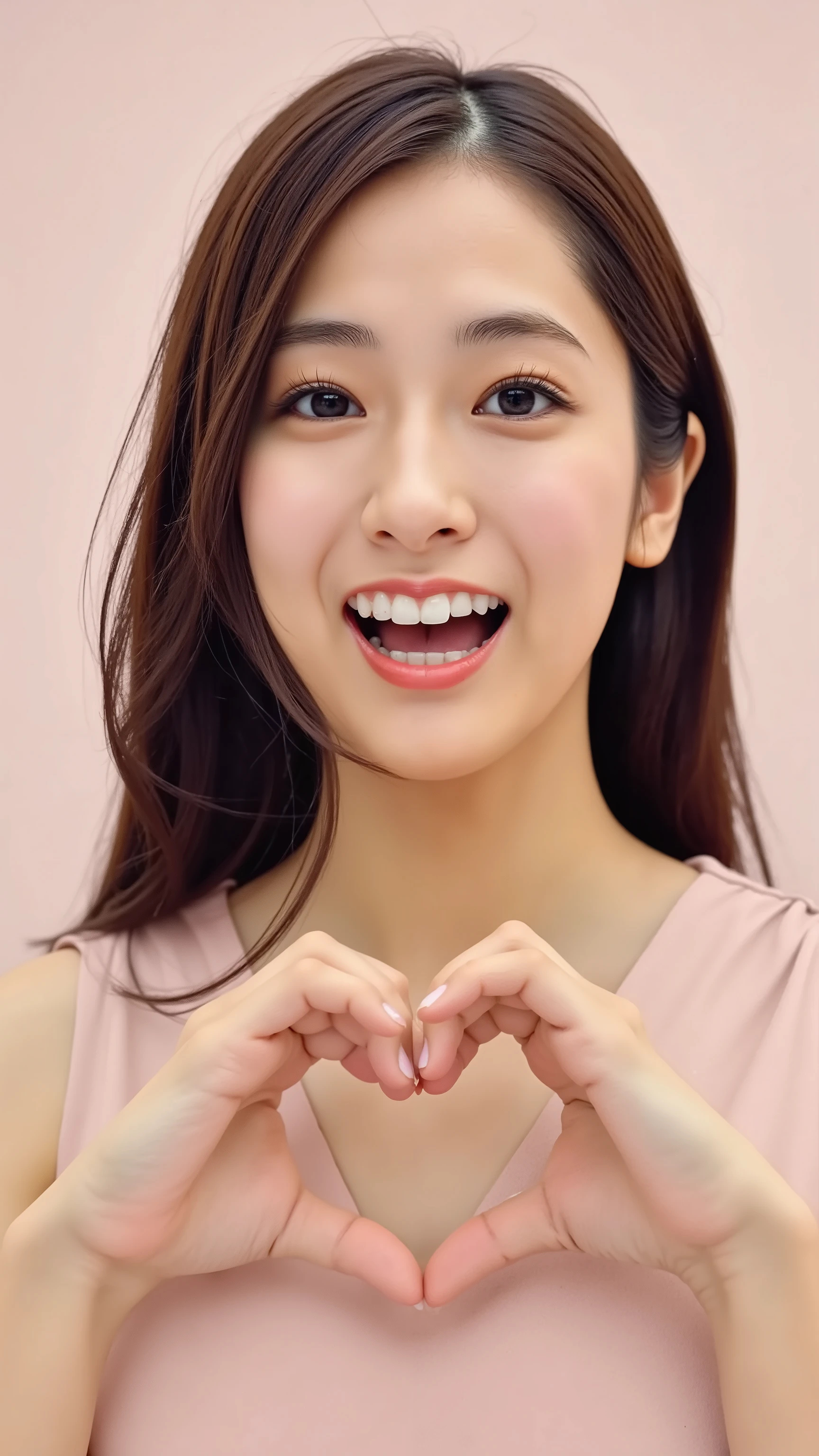        A close-up of your face is a posture wearing an attractive camisole,   make your hands in front of your chest in the shape of a heart   ,     Cute Smile Up、   ）The background is plain and 、   