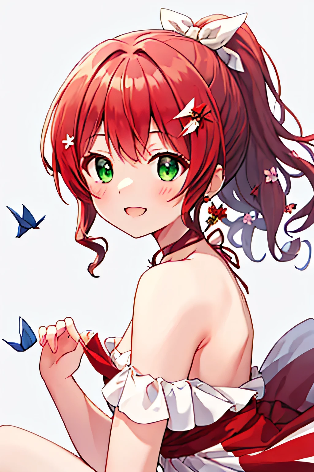 
((green_eyes)), ((red_hair)), bangs, ponytail, sidelocks, one hair clip decorated with flowers in the form of origami paper in her hair, long_hair, princess, ((red white dress)), simple background, smile