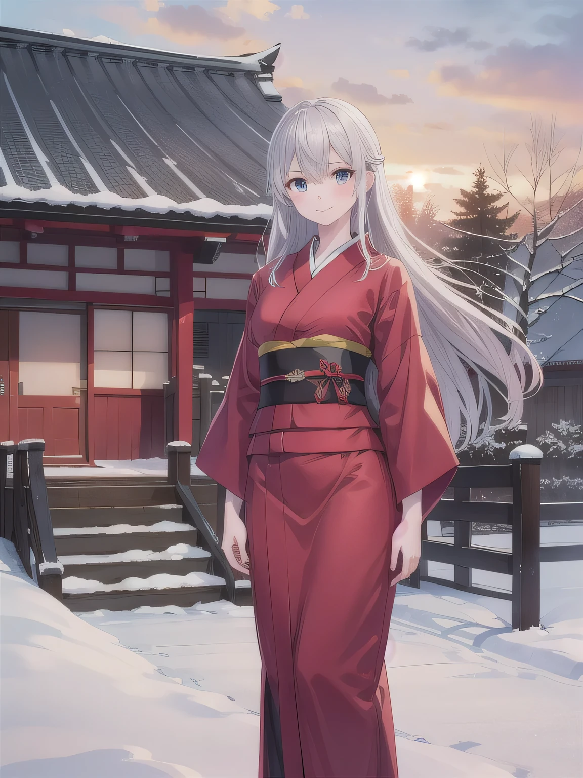 A breathtakingly beautiful 18-year-old woman with a slender physique, dressed in an elegant black and red kimono suitable for the Japanese New Year. She stands against the serene backdrop of a New Year's sunrise, featuring a traditional Japanese shrine, snow-covered grounds, and vibrant red camellias in bloom. Her gentle smile and friendly expression harmonize with the peaceful atmosphere of the snowy morning. (RAW photo, top quality, realistic, photo-realistic:1.4), (masterpiece, extremely detailed, 2k wallpaper), (Ultra Details, high res, soft light, cinematic lighting), (perfect anatomy, slender body), (extremely detailed eyes and face, beautiful nose, beautiful eyes).   very long hair, Gray Hair. smile.