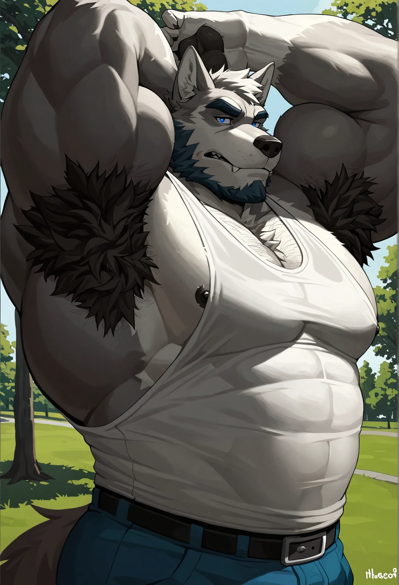 score_9, score_8_up, score_7_up, score_6_up, score_5_up, score_4_up, highly detailed, cinematic, solo, furry, anthro, male, wolf, bara, big body, big muscles, old, mature, daddy, hefty, beard, grey fur, fluffy fur, blue eyes, solo, male, disinterested, looking at viewer, white tank top, right hand behind head, black armpit hair, armpit focus, armpit close-up, big armpit, side view, park, trees, background