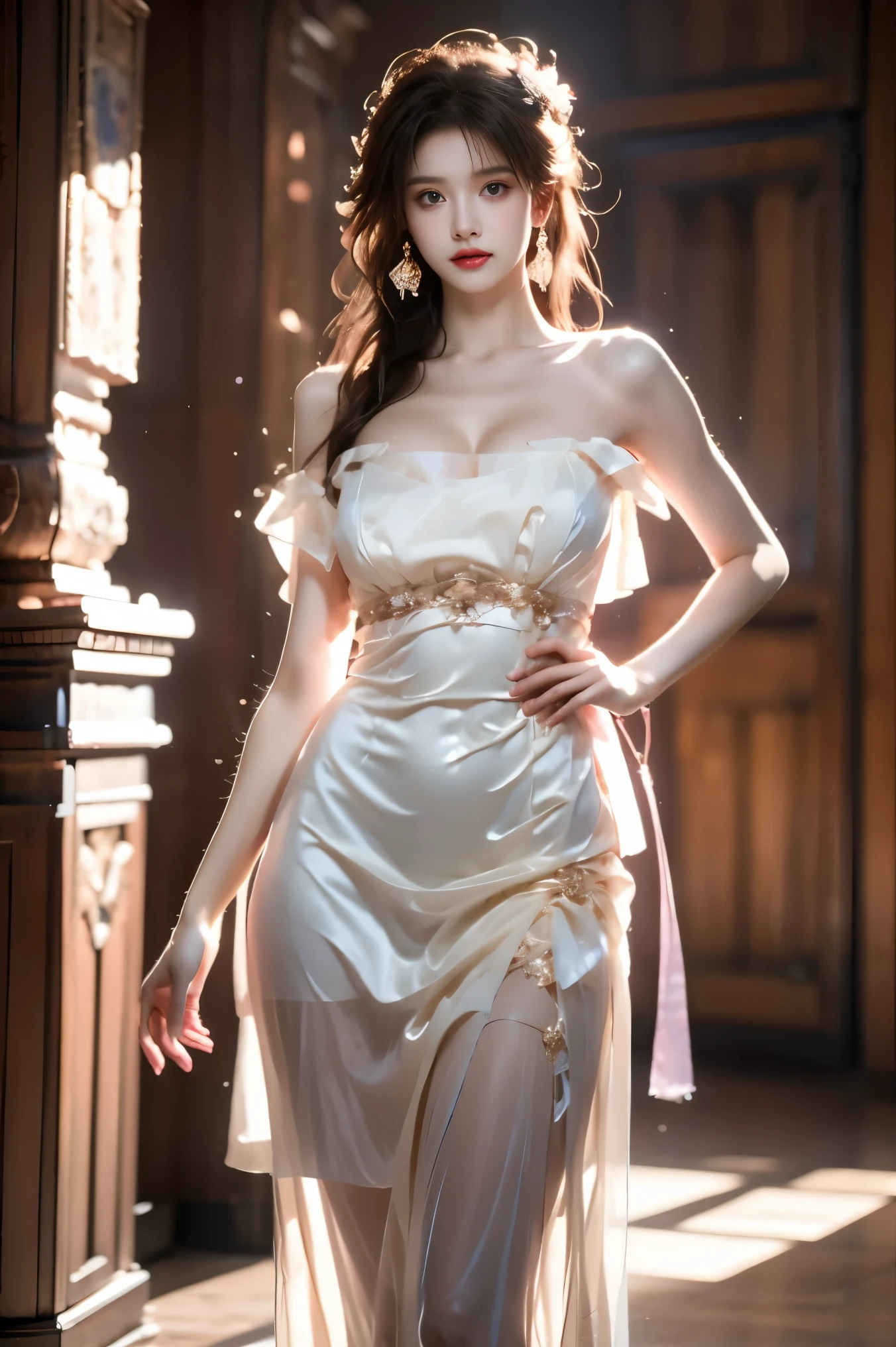 guqinghan, jrys,
high heels,bare shoulders, see-through, jewelry,strapless, collarbone, bracelet, off shoulder,earrings, bow,cleavage, tube dress, strapless dress (cowboy shot:1.3), (from below:1.2),photorealistic beautiful woman, fashion model with long legs, (standing in hallway:1.2), portico corridor, single bare shoulder, (elegant contrapposto pose:1.2), graceful stance, slim athletic figure, (high detailed skin:1.2), (Full breasts, visible cleavage, very short hemlines, revealing smooth thighs), soft ambient lighting, cinematic lighting, depth of field, 85mm portrait photography, natural shadows, professional fashion photography, high-end magazine style, high resolution, masterpiece, best quality, intricate details, hyperrealistic