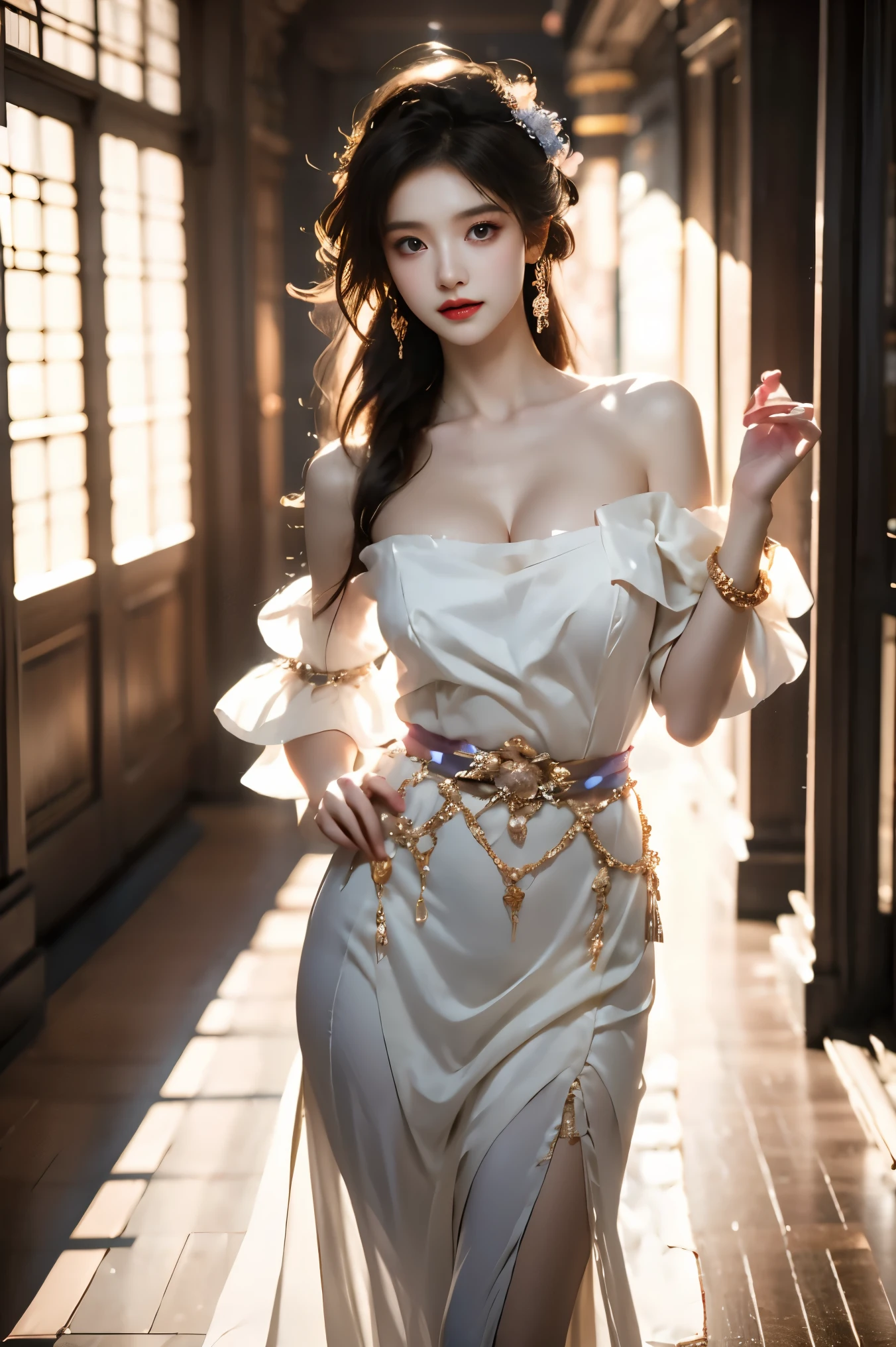 guqinghan, jrys,
high heels,bare shoulders, see-through, jewelry,strapless, collarbone, bracelet, off shoulder,earrings, bow,cleavage, tube dress, strapless dress (cowboy shot:1.3), (from below:1.2),photorealistic beautiful woman, fashion model with long legs, (standing in hallway:1.2),  portico corridor,  single bare shoulder,     (elegant contrapposto pose:1.2), graceful stance, slim athletic figure, (high detailed skin:1.2), (Full breasts, visible cleavage, very short hemlines, revealing smooth thighs), soft ambient lighting, cinematic lighting, depth of field, 85mm portrait photography, natural shadows, professional fashion photography, high-end magazine style,  high resolution, masterpiece, best quality,  intricate details, hyperrealistic