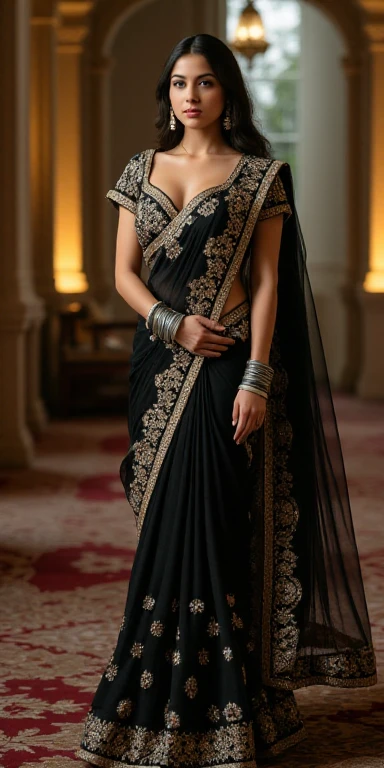 Beautiful young Indian girl , big breasts deep cleavage, in stunning  bedazzled black saree beautiful poses 8k hyperrealstic full detailed 